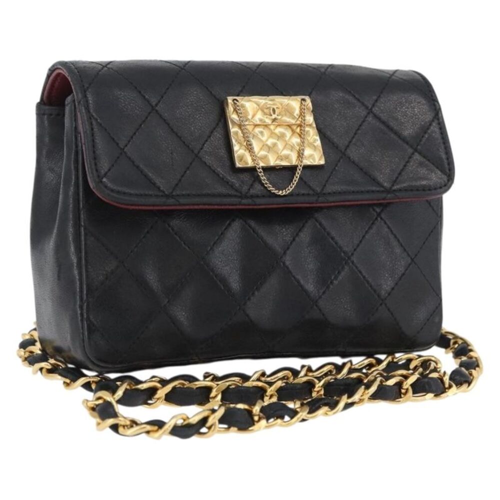 Chanel Vintage Square Cc Flap Quilted Lambskin Black Leather Shoulder Bag Bag